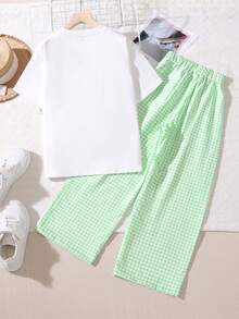 2件套女童蝴蝶结装饰T恤和格子裤休闲套装，夏季 - 薄荷綠 - 查看 3