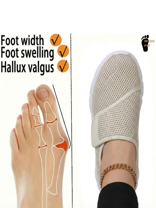Scarpe casual da passeggio da donna con suole morbide e confortevoli, tomaia traspirante con chiusura a strappo, facili da indossare e togliere, adatte per piedi larghi