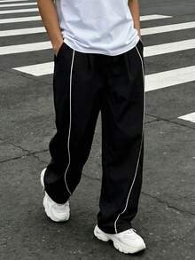 1pc Teen Boy Fashion Commuting School Comfortable Casual Exercise Outdoor Running Splicing Contrast Color Line Creative Personalized Straight Leg Pants - Black - View 1