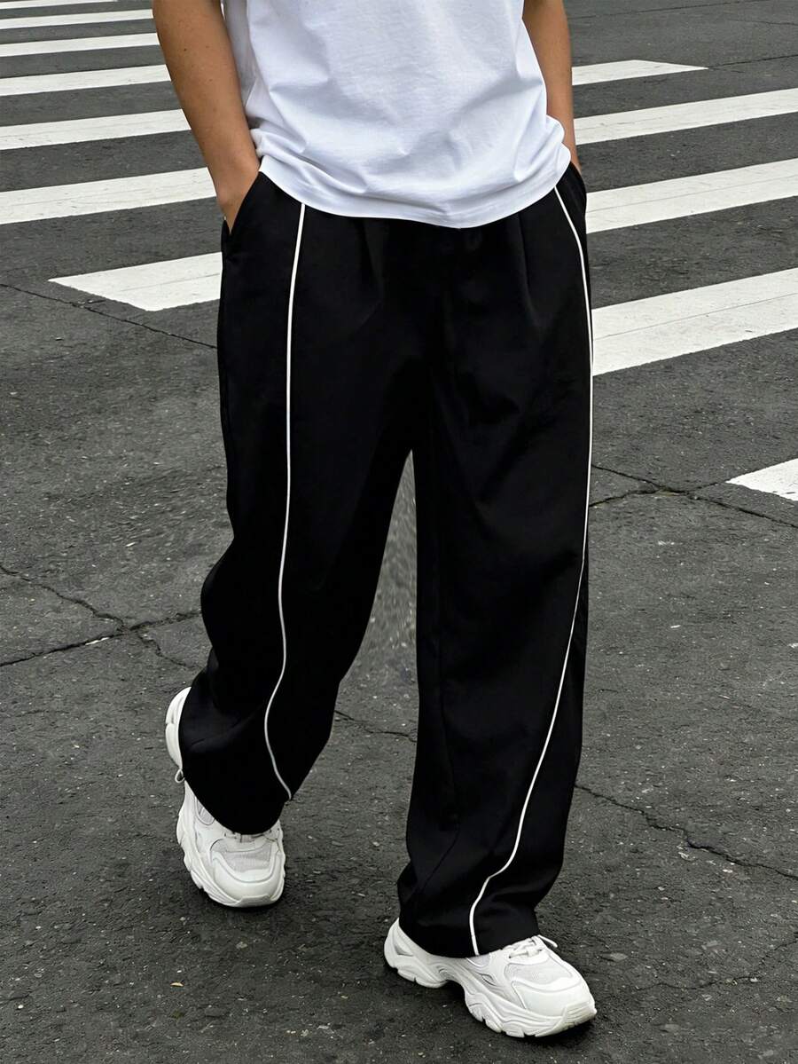 1pc Teen Boy Fashion Commuting School Comfortable Casual Exercise Outdoor Running Splicing Contrast Color Line Creative Personalized Straight Leg Pants - Black - View 1