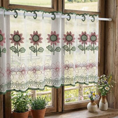 1pc Yellow & Red Sunflower Embroidered Lace Cafe Curtain, Home Kitchen Small Window Curtain, Daily Use Decorative Fabric
