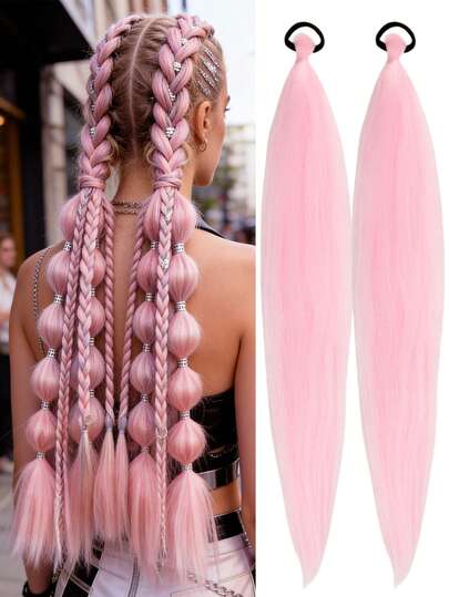 1-2条26英寸浅粉色DIY编发接发 | 女士合成Yaki直发耐热蓬松马尾 | 适合万圣节、圣诞节、节日派对
