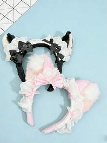 1pc Cute Furry Cat Ear Headband With Bow Tie For Women, Pink - Multicolor - View 1