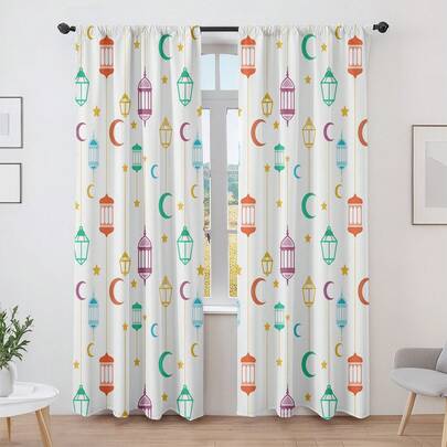 2pcs Ramadan Lighthouse Pattern Curtains, Colorful Moon & Star Design, Semi-Blackout Dust-Proof, Suitable For Living Room & Bedroom, Warm Decor Essential, 2D Digital Printing, Manual Rod Pocket, Daily Home Window Decoration