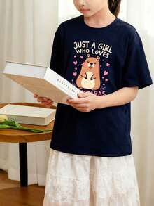 少女休闲粉色印花圆领短袖T恤，夏季上衣 - 藏蓝色 - 查看 2