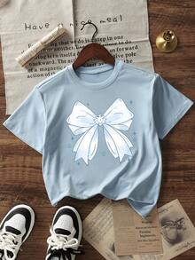 少女学生休闲印花白色圆领短袖T恤，夏季上衣 - 淺藍色 - 查看 4