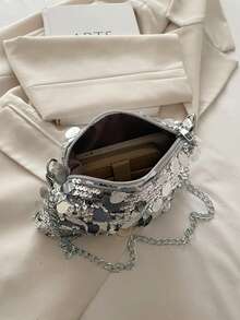 Fashionable New Sequin Shoulder Bag, Versatile Chain Strap Small Square Bag For Women - Silver - View 4