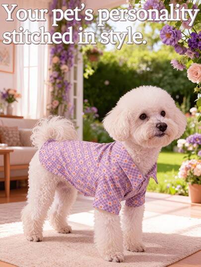 1件宠物狗狗可爱清新套装，撞色格纹/彩色雏菊印花，柔软舒适，高弹力，时尚短袖衬衫，适合贵宾犬、泰迪犬、小型犬、幼犬，春夏秋季皆宜。