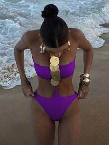 1pc Women's Sexy Halter Sequin Decor One-Piece Swimsuit Vacation Beach Summer - Purple - View 4
