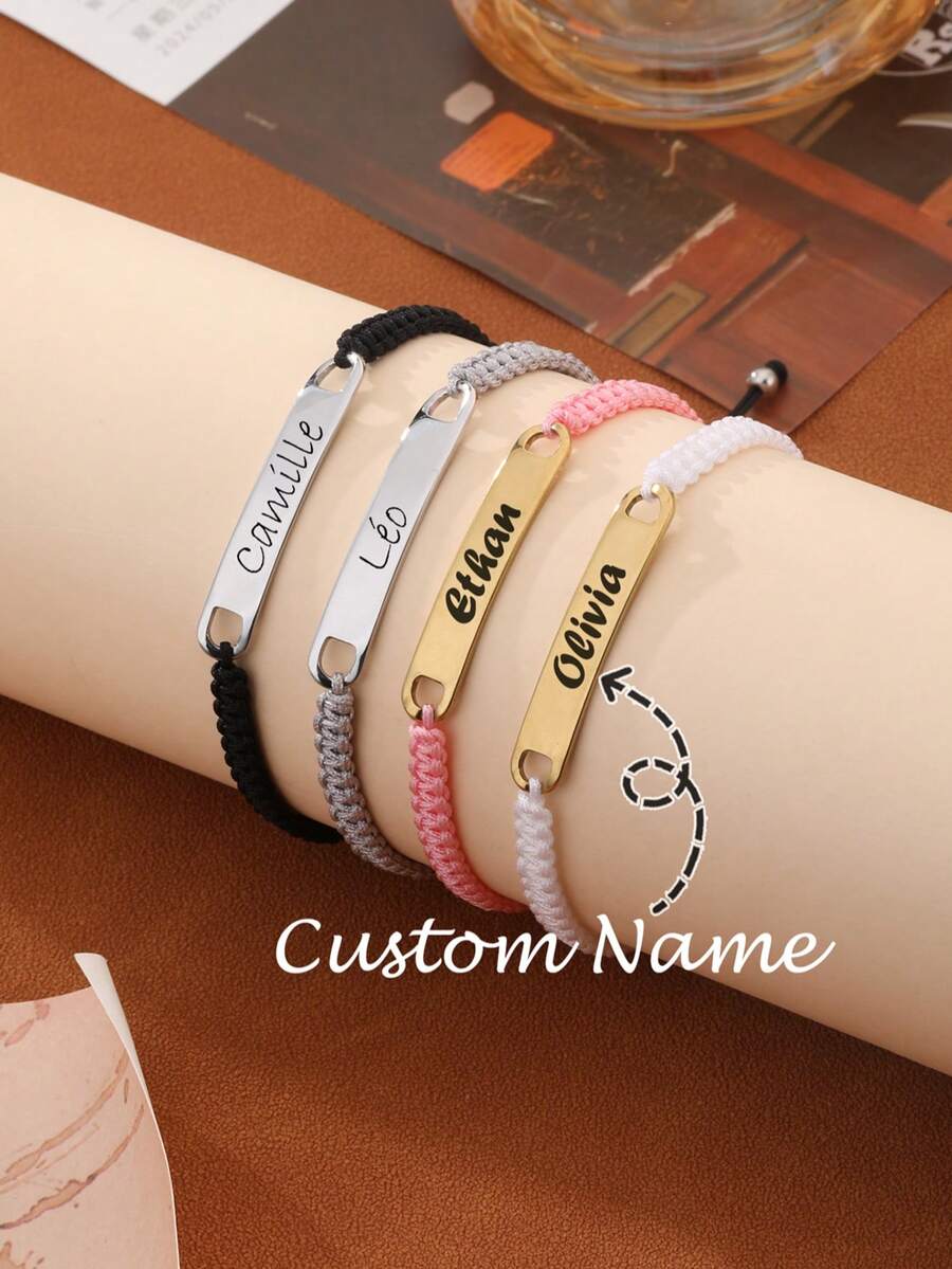 Dainty Personalized Name Macrame Bracelet - Stainless Steel Plate Stackable Aesthetic, Couple/BFF Matching Gift For Valentine's Day/Anniversary/Birthday - Multicolor - View 1