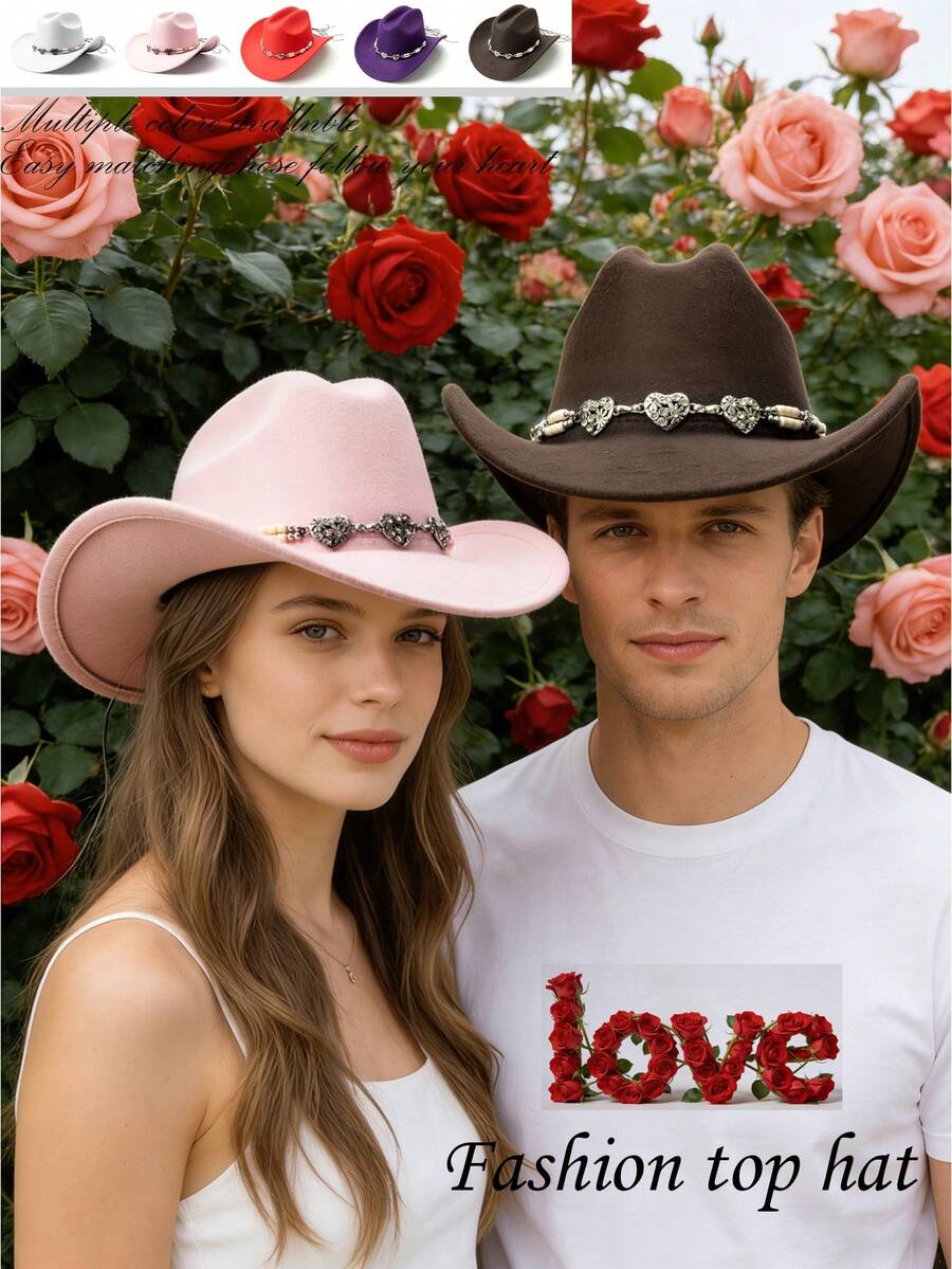1pc Unisex Solid Color Western Cowboy Hat, Soft Wool Felt Material, Heart Rhinestone Metal Star Beaded Decor, Suitable For Back To School, Party, Western Theme Event, Gathering, Valentine's Day, Graduation, Masquerade, Holiday, Birthday, Music Festival, Mother's Day, Travel, Hiking, Daily Wear, Fashion & Versatile - Style 1 - View 1