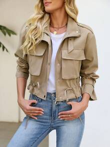 Women's Stylish Short Jacket With Drawstring Waist And Pockets Long Sleeve Button Front Woven Fabric Utility Coat