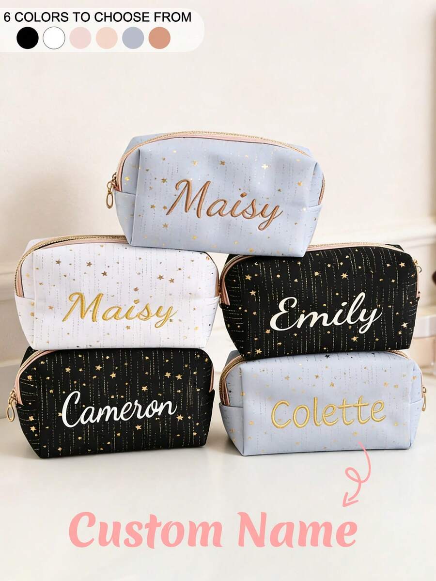 Túi đựng mỹ phẩm thêu hình ngôi sao theo yêu cầu, túi đựng mỹ phẩm dung tích lớn cá nhân hóa, túi đựng mỹ phẩm cho phù dâu, quà tặng tiệc độc thân, quà tặng phù dâu, quà cưới, phù hợp cho tiệc cưới và phù dâu. - Nhiều màu - Xem 1