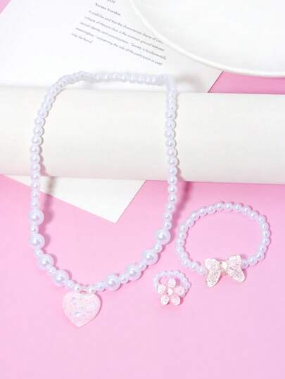 3pcs/Set Girls Cute Butterfly, Flower, Heart Acrylic Pearl Beaded Bracelet, Necklace, Ring Set, Suitable For Girls Daily Wear, Festivals, Gifts For Best Friends