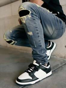 Men's Slim Fit Distressed Denim Jeans, Stretchy Fabric, Casual Street Style, Vintage College Look, All Season - 藍色 - 查看 3