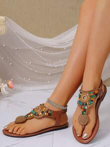 Women's Flat Sandals, Retro French Style Thick Bottom Sandals For Summer, Thong Sandals For Beach, Comfortable Soft Bottom Casual Sandals, High-End Strap Buckle Sandals, Fashionable Versatile Bohemian Flat Sandals, Brown Thong Sandals - Brown - View 2