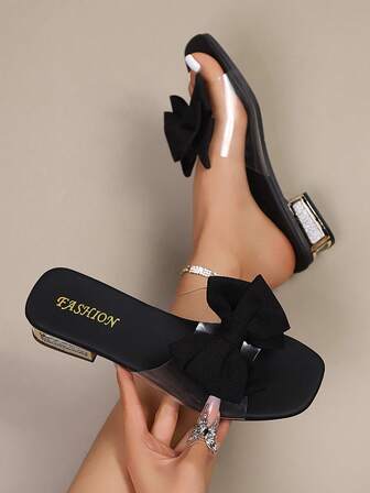 Women's Elegant Bow Tie Transparent Strap Sandals, Comfortable Minimalist Open Toe Slip-On Low Heel Mules, Casual Fashionable Outdoor Beach Shoes For Summer