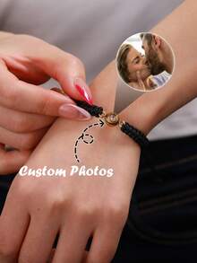 Dainty Personalized Photo Projection Macrame Bracelet - Stainless Steel Component Stackable Aesthetic, Couple/BFF Matching Gift For Valentine's Day/Anniversary/Birthday - Multicolor - View 2