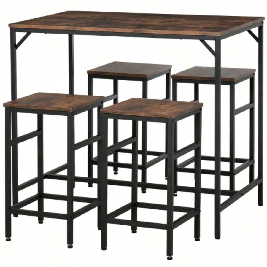 HOMCOM High Table Set With 4 Bar Stools, 5-Piece Kitchen Table Set, Particleboard/Steel, Rustic Brown/Black, 100 X 60 X 88 Cm - Maroon - View 1