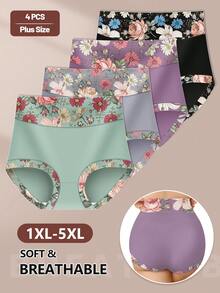 MIOTAN 4 chiếc quần lót nữ cỡ lớn cạp cao, mềm mại và thoải mái, in họa tiết, thích hợp mặc hàng ngày. - Nhiều màu - Xem 4