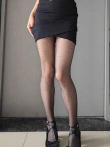 Lingerie Sexy, Legging Transparente Poá Preto e Branco com Brilho de Óleo para Mulheres, Meia-Calça Estampada, Meia-Calça de Cintura Alta com Poás, Meias Longas com Estampa de Poás Pretos e Meias de Seda Transparentes - Tamanho Único - Visão 5