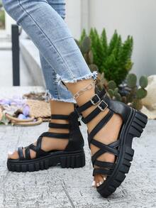 Women's Thick Sole Sandals With Multi-Strap Hook And Loop Design And Back Zipper, Black PU Upper High-Top Roman Sandals, Suitable For Beach, Sand, Casual Holiday - Black - View 3