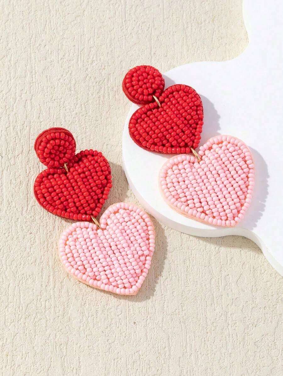 WinLeaf 1 Pair Handmade Valentine's Day Beaded Earrings, Exclusive Stylish Contrast Color 3D Double Heart Shape With Imported Rice Beads, Cute Festival Earrings Valentines,Mom,Mother,Mother's Day,Gift - 多色 2 - 查看 1