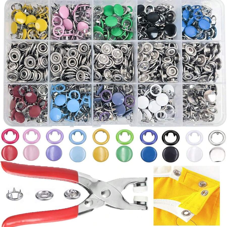 Bộ 400 nút bấm năm chấu, bộ nút bấm kim loại kèm kìm bấm và hộp đựng, dùng cho đồ thủ công DIY, quần áo, mũ, túi xách (Màu ngẫu nhiên) - Bạc - Xem 1