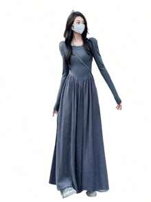 New For Early Fall: Women's French Hepburn Black Long Dress: Long Sleeves For Cold Protection, A-Line Figure-Shaping, High Waist For Longer Legs, Elegant For Commuting, Korean-Inspired Details, Can Be Worn Inside Or On Its Own, A Simple Black Fall Staple - 黑色 - 查看 4