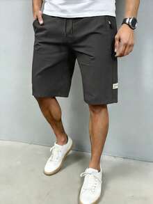 男士夏季速干短裤，简约纯色拉链口袋休闲运动短裤，亲肤舒适沙滩裤 - 深灰色 - 查看 6