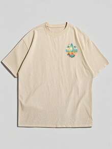 男士休闲沙滩主题印花短袖T恤，舒适透气，适合夏季穿着，引领时尚潮流 - 杏色 - 查看 5