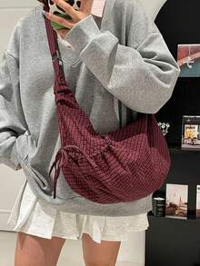 Japanese Style Plaid One Shoulder Bag, Fashion Pleated Bowknot Zipper Closure Crossbody Bag, School/College/University Student Lightweight Foldable Cloth Bag, Suitable For Shopping, Daily Commute, Crescent Moon Bag
