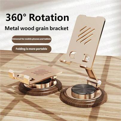 720 Degree Rotatable Foldable Wooden Base With Metal Stand, Compatible With Smartphones And Tablets