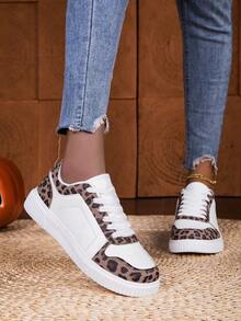 女士轻便系带低帮运动鞋 - 豹纹点缀休闲鞋，简约设计，适合跑步、步行和日常穿着，四季皆宜，时尚百搭的学生运动鞋 - 滑板鞋 - 训练鞋 - 棕色 - 查看 7