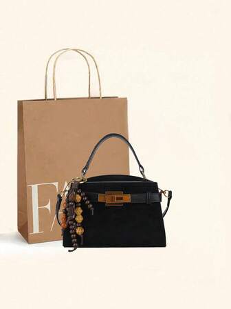 Bolso de mano cuadrado mini de ante de diseño de nicho, bolso cruzado de hombro ajustable con cierre vintage elegante, adecuado para uso diario, citas, fiestas de noche