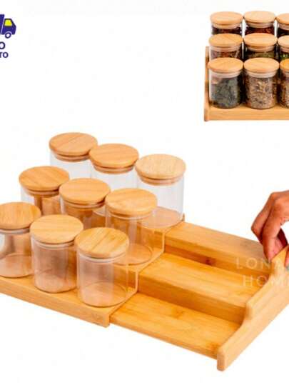 Suporte de Bambu Rack Organizador 3 Níveis Para Potes Mantimentos Temperos Multiuso