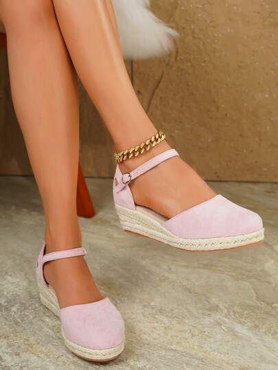 Women's Elegant Strap Buckle Wedge Platform Slip-On Shoes, Suitable For All Seasons