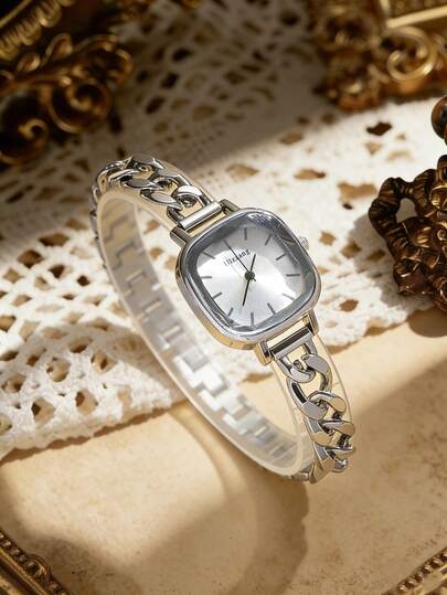 1pc/Set Vintage Square Dial Women's Watch, Silver/Gold Chain Bracelet Style Quartz Watch, Minimalist Elegant Lady's Wristwatch, Suitable For Women's Daily Wear Or Gift, Christmas, Valentine's Day, Ramadan, Eid, Carnival, Chinese New Year