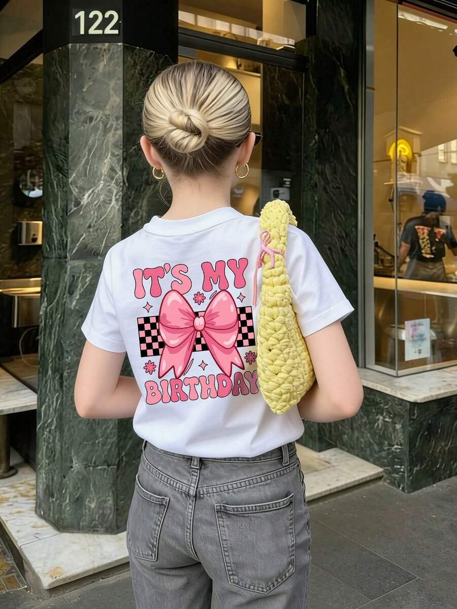 Tween Girls Students Casual Printed White Crew Neck Short Sleeve T-Shirt, Summer Top - White - View 1