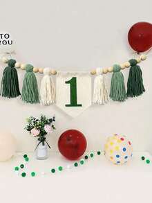 1件手工波西米亚风高脚椅流苏花环，适合婴儿派对、生日横幅