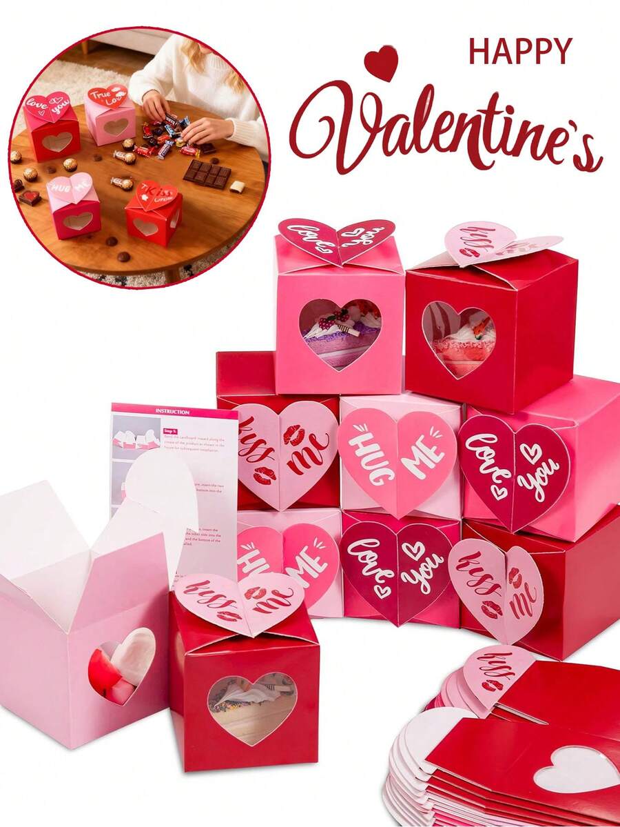 Caja de regalo del Día de San Valentín - Caja de plástico transparente con forma de corazón rojo y rosa, Cajas para mini cupcakes de 3 pulgadas, Contenedores de regalo del Día de San Valentín para dulces, golosinas, manualidades, recuerdos de fiesta y suministros, Cajas de recuerdos de fiesta, Decoración del Día de San Valentín, Fiesta del Día de San Valentín, Feliz Día de San Valentín, Decoraciones del Día de San Valentín - Multicolor - Ver 1
