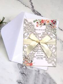 40 piezas/10 sets Invitaciones de boda con forma de rosa hueca dorada con brillo, con sobres y tarjetas de respuesta, adecuadas para bodas, despedidas de soltera, fiestas de compromiso, banquetes, tamaño de invitación 5*7 pulgadas, incluye cinta de satén anudada previamente - Multicolor - Ver 9