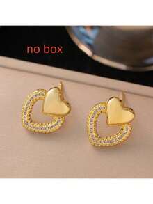 Set de 3 piezas de joyería con colgante en forma de corazón y aretes, accesorios minimalistas clásicos, adecuados para múltiples ocasiones durante todo el año (empaquetado en bolsa de OPP) - Amarillo Oro - Ver 2