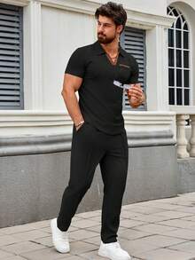 男士休闲套装，户外百搭高端男士华夫格领短袖口袋上衣和纯色长裤两件套 - 黑色 - 查看 5