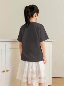 Tween Girls' Casual Pink Graphic Print Crew Neck Short Sleeve T-Shirt, Summer Top - Dark Grey - View 8