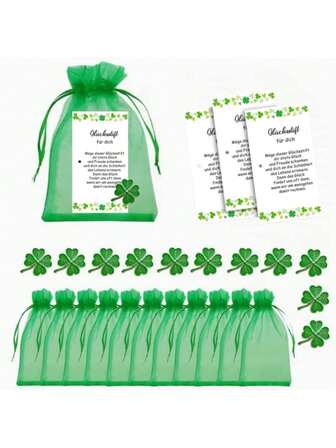 24pcs (8sets) Lucky Symbol Brooch Gift Set, Includes 8pcs Brooches, 8pcs Organza Gift Bags, 8pcs Greeting Cards, Suitable For St. Patrick's Day, Wedding, Birthday, Student, Back To School Gifts