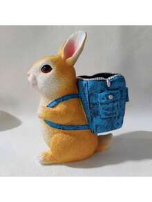 1pc 6.3 Inch Cute Rabbit Planter With Backpack, Gardening Decor, Desktop Ornament - Resin Plant Pot Stand, Suitable For Yard, Home, Office Desk Decoration, Multifunctional Decorative Accessory - Perfect Gift For Pet Lovers, Holiday Table Decor, Textured Plush Details