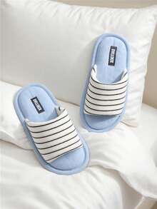 XIXITIAO 1 đôi dép lê sọc phối màu retro, đế mềm mại, thoải mái, thích hợp mang trong nhà vào mùa thu/đông. - Xanh và trắng - Xem 7