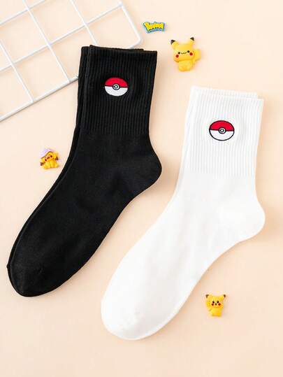  2 Pairs Men's Embroidered Pokemon Series Pikachu Pattern Funny Cartoon Mid-Calf Socks, Unisex, Suitable For Sports, All Seasons, European & American Sizes, Comfortable, Breathable, Durable, Rich Colors, Suitable For Daily Wear, Made Of High-Quality Fabrics, Non-Stuffy.