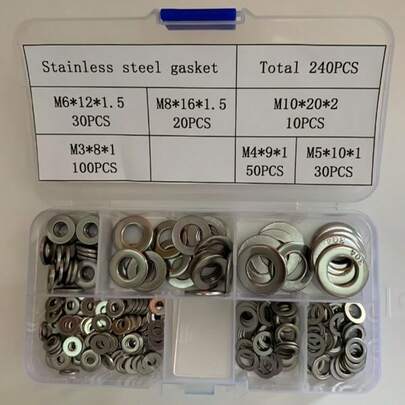 240pcs 304 Stainless Steel Flat Washers, Suitable For Home Decor, Factory Maintenance, Kitchen, Stores And Other Occasions